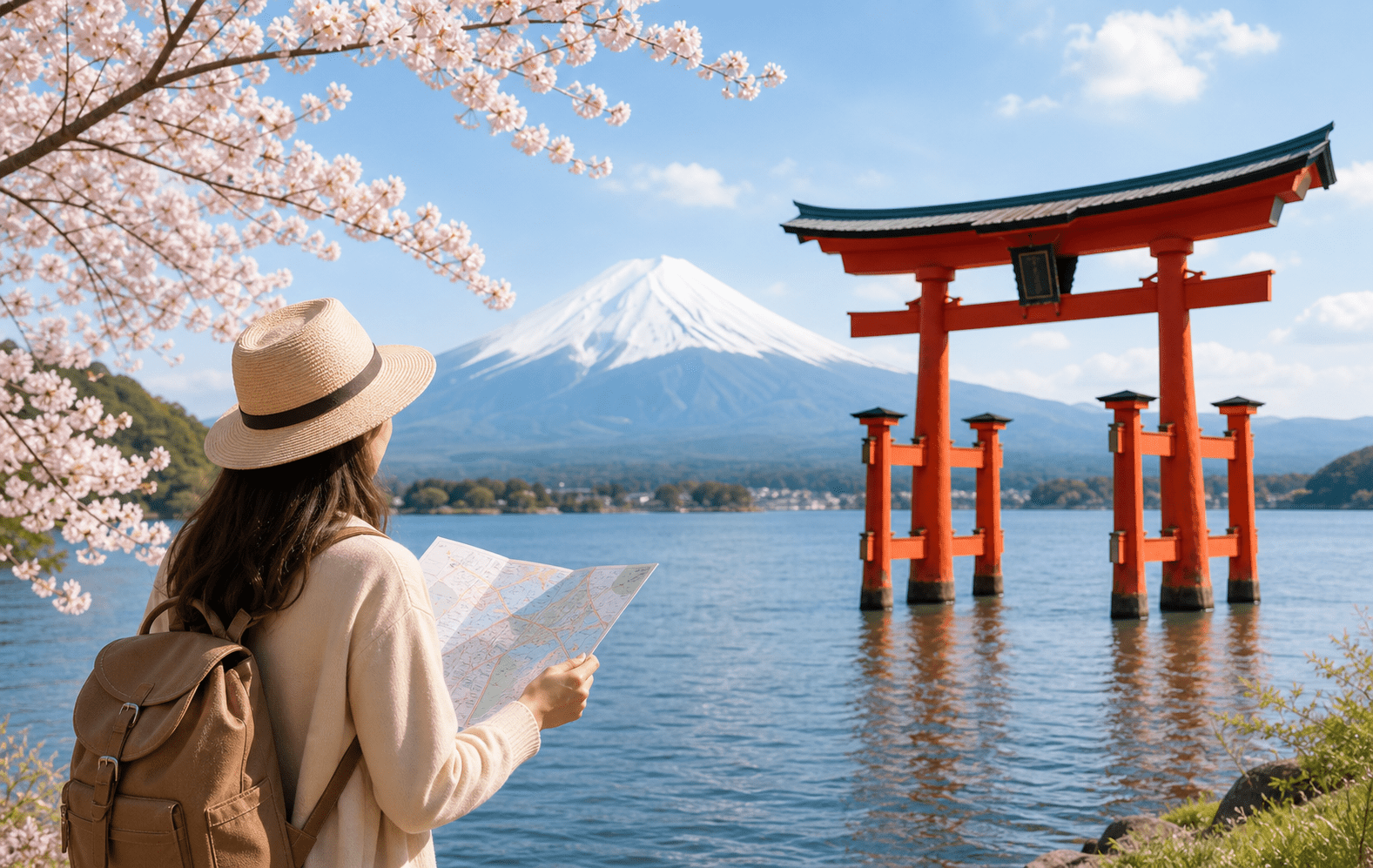 富士山と鳥居を眺める旅行者