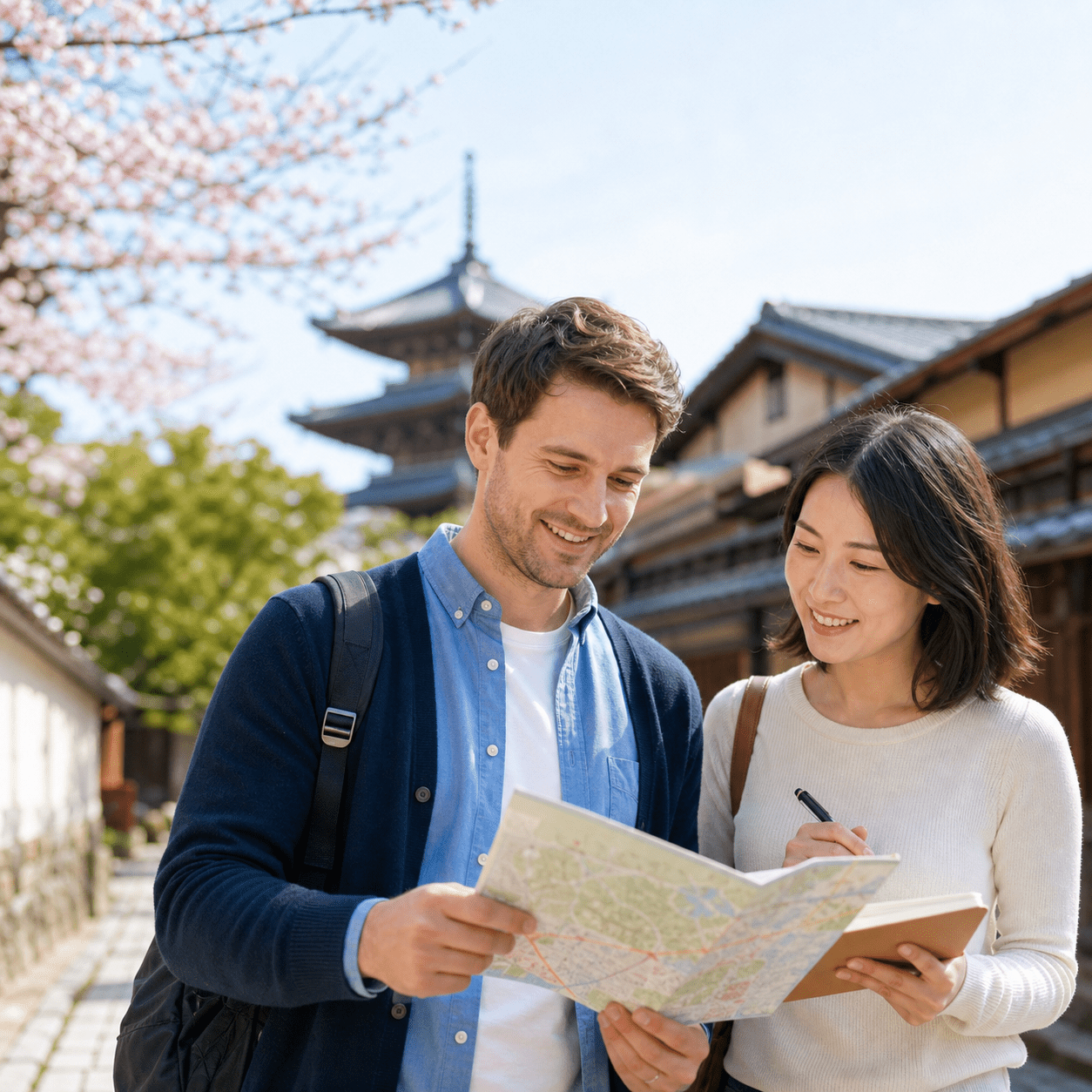 外国人旅行者が日本の街を楽しんでいる写真