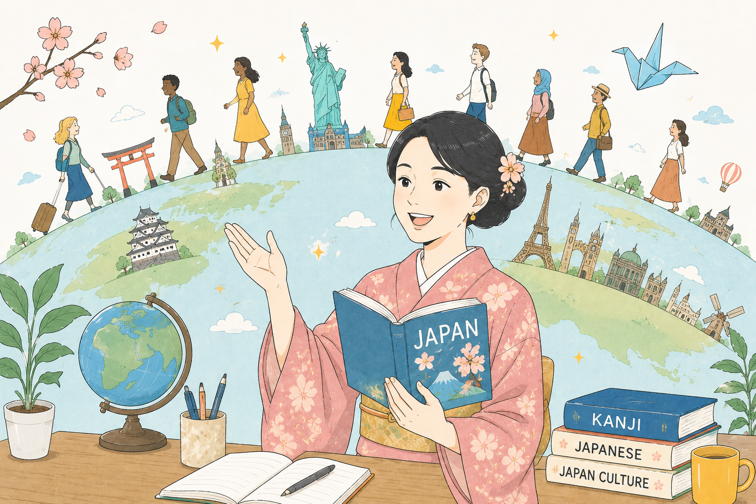 笑顔で清潔感のある日本語教師の上半身イラスト